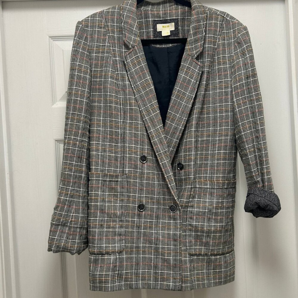 Maeve by Anthropologie Gray Plaid Double Breasted Blazer Jacket